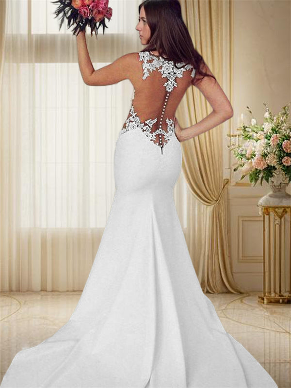Mermaid Scoop Applique Sweep Train Stretch Crepe Wedding Dress