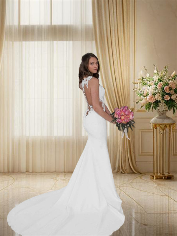 Mermaid Scoop Applique Sweep Train Stretch Crepe Wedding Dress