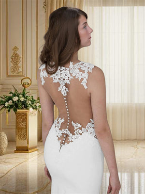 Mermaid Scoop Applique Sweep Train Stretch Crepe Wedding Dress
