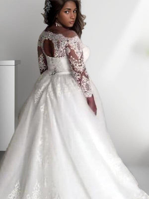 A-line Off-the-Shoulder Long Sleeves Lace Court Train Tulle Wedding Dress