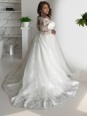 A-line Off-the-Shoulder Long Sleeves Lace Court Train Tulle Wedding Dress