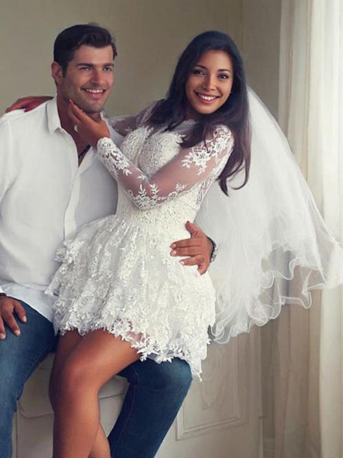A-line Scoop Long Sleeves Applique Short/Mini Lace Wedding Dress