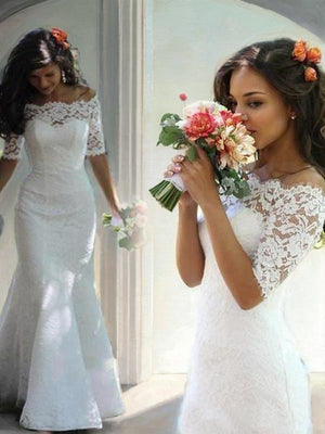 Mermaid Off-the-Shoulder 1/2 Sleeves Lace Court Train Lace Wedding Dress