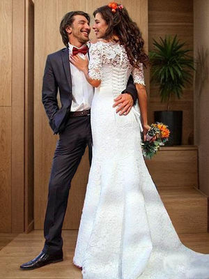 Mermaid Off-the-Shoulder 1/2 Sleeves Lace Court Train Lace Wedding Dress
