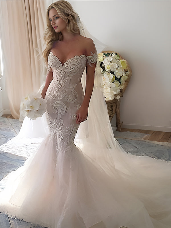 Mermaid Off-the-Shoulder Applique Chapel Train Tulle Wedding Dress