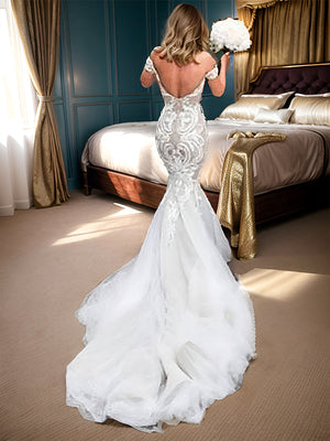 Mermaid Off-the-Shoulder Applique Chapel Train Tulle Wedding Dress