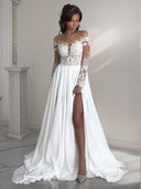 A-line Scoop Long Sleeves Applique Sweep Train Chiffon Wedding Dress