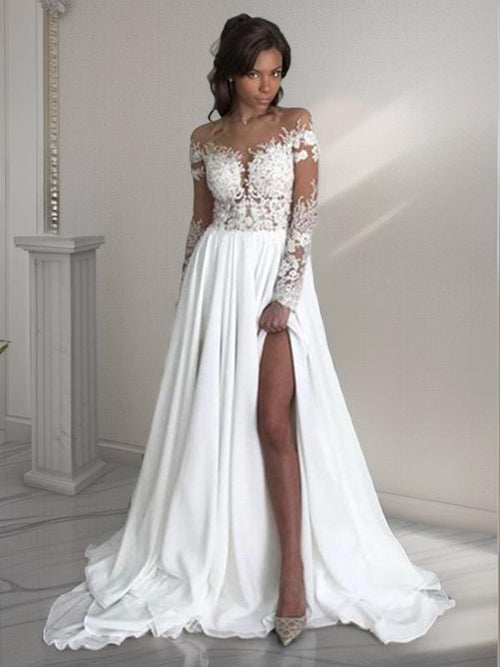 A-line Scoop Long Sleeves Applique Sweep Train Chiffon Wedding Dress