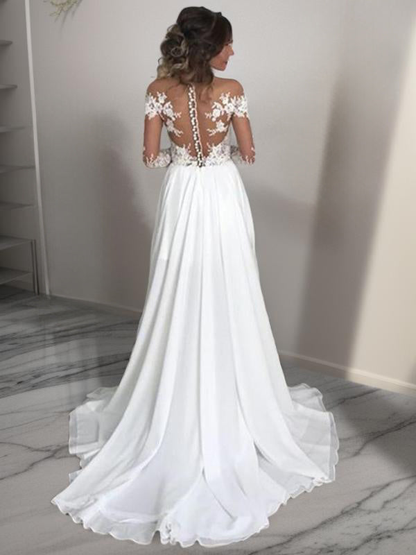 A-line Scoop Long Sleeves Applique Sweep Train Chiffon Wedding Dress