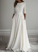 A-line Scoop 3/4 Sleeves Ruffles Floor-Length Stretch Crepe Wedding Dress