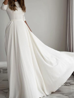 A-line Scoop 3/4 Sleeves Ruffles Floor-Length Stretch Crepe Wedding Dress