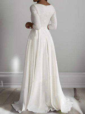 A-line Scoop 3/4 Sleeves Ruffles Floor-Length Stretch Crepe Wedding Dress
