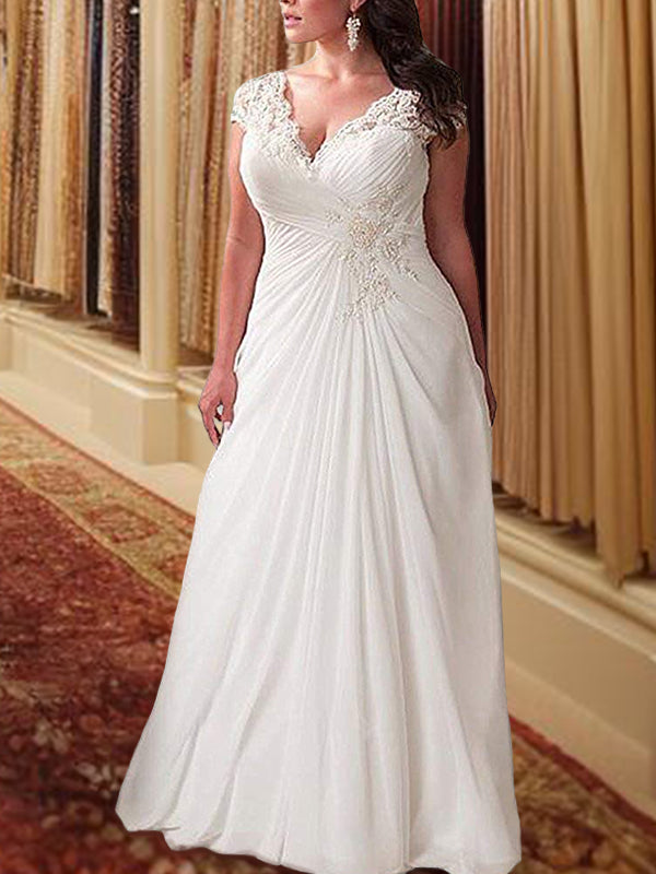 Empire Sweetheart Short Sleeves Lace Sweep Train Chiffon Wedding Dress