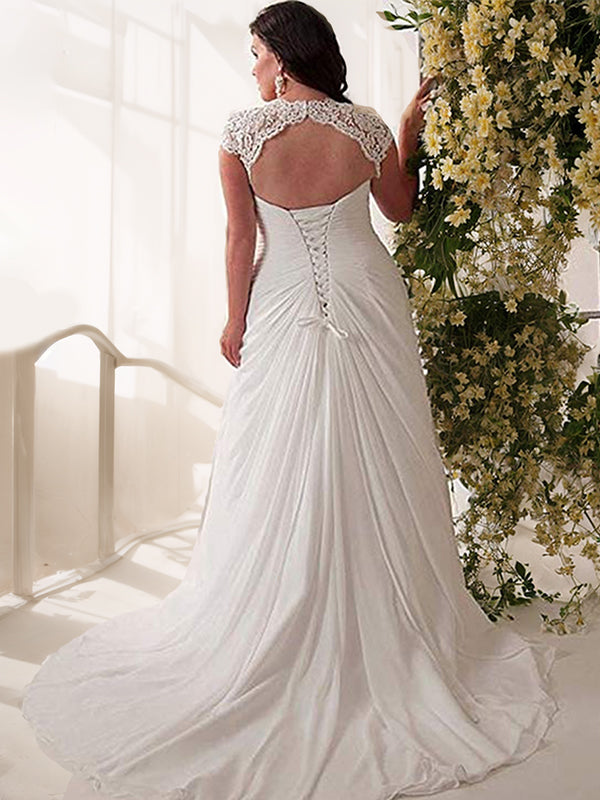 Empire Sweetheart Short Sleeves Lace Sweep Train Chiffon Wedding Dress