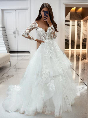 A-line V-neck Long Sleeves Lace Sweep Train Tulle Wedding Dress