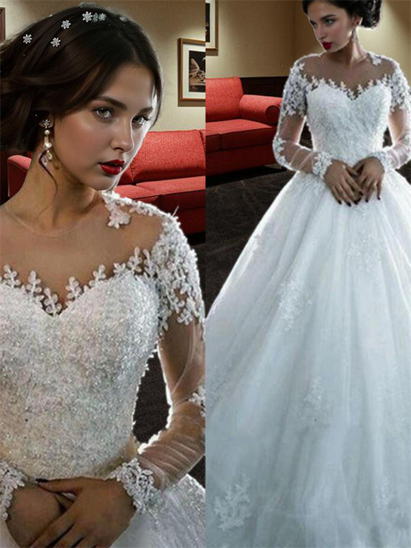 Ball-Gown Bateau 3/4 Sleeves Beading Court Train Tulle Wedding Dress