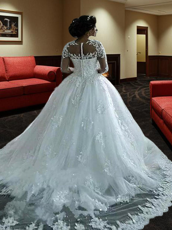 Ball-Gown Bateau 3/4 Sleeves Beading Court Train Tulle Wedding Dress