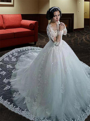 Ball-Gown Bateau 3/4 Sleeves Beading Court Train Tulle Wedding Dress