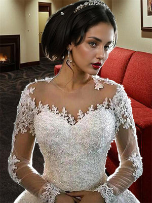 Ball-Gown Bateau 3/4 Sleeves Beading Court Train Tulle Wedding Dress