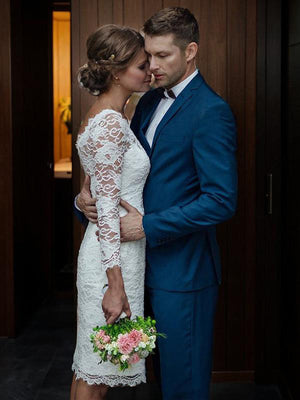 Sheath Scoop Long Sleeves Appliques Lace Knee-Length Lace Wedding Dress