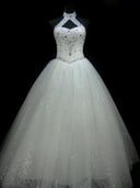 Ball-Gown Halter Beading Floor-Length Tulle Wedding Dress