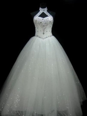 Ball-Gown Halter Beading Floor-Length Tulle Wedding Dress