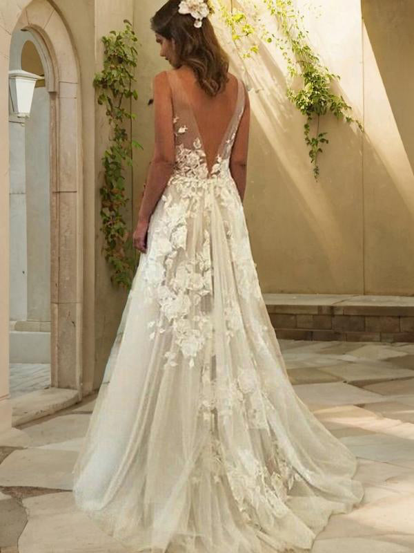 A-line V-neck Hand-Made Flower Sweep Train Tulle Wedding Dress