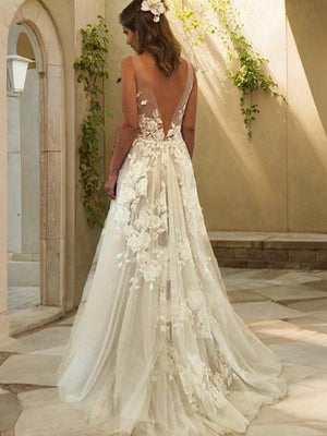 A-line V-neck Hand-Made Flower Sweep Train Tulle Wedding Dress