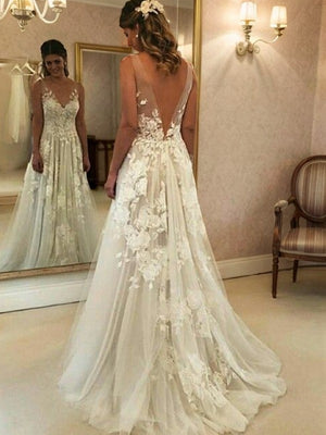 A-line V-neck Hand-Made Flower Sweep Train Tulle Wedding Dress