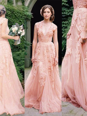 A-line V-neck Applique Sweep Train Tulle Wedding Dress