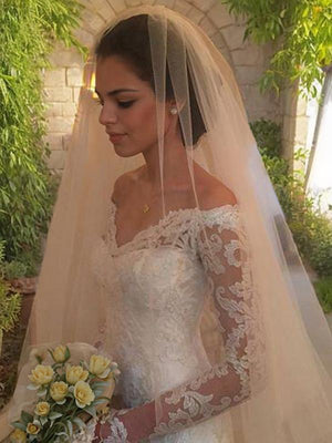 Sheath Off-the-Shoulder Long Sleeves Applique Court Train Lace Wedding Dress