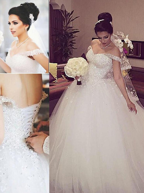 Ball-Gown Off-the-Shoulder Sequin Court Train Tulle Wedding Dress