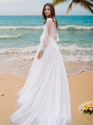 A-line V-neck Long Sleeves Applique Sweep Train Lace Wedding Dress