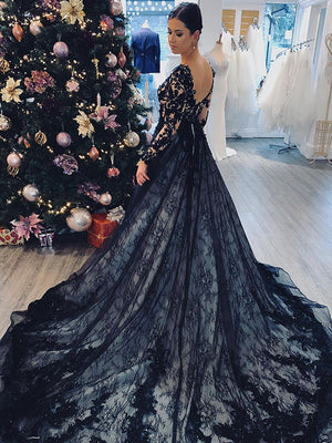 A-line V-neck Long Sleeves Appliques Lace Court Train Lace Wedding Dress