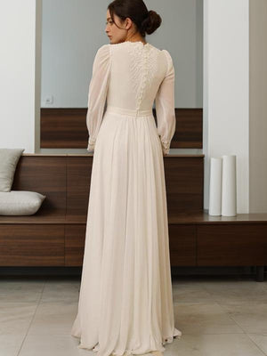 A-line Jewel Long Sleeves Lace Floor-Length Chiffon Wedding Dress