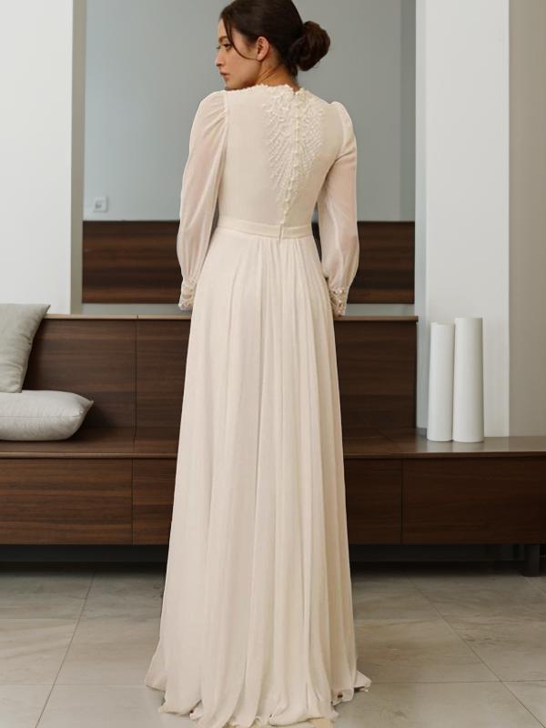 A-line Jewel Long Sleeves Lace Floor-Length Chiffon Wedding Dress