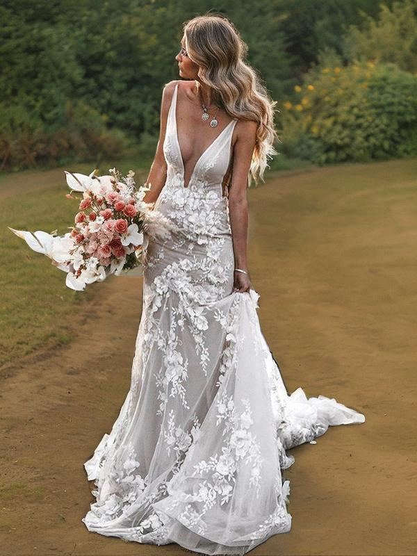 Sheath V-neck Hand-Made Flower Chapel Train Tulle Wedding Dress