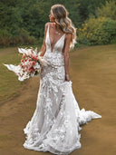 Sheath V-neck Hand-Made Flower Chapel Train Tulle Wedding Dress
