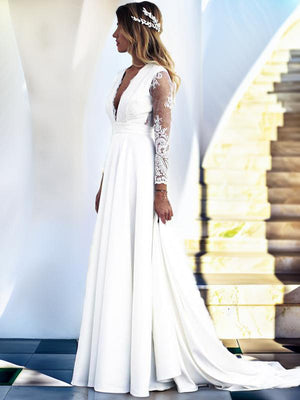 A-line V-neck Long Sleeves Lace Sweep Train Stretch Crepe Wedding Dress