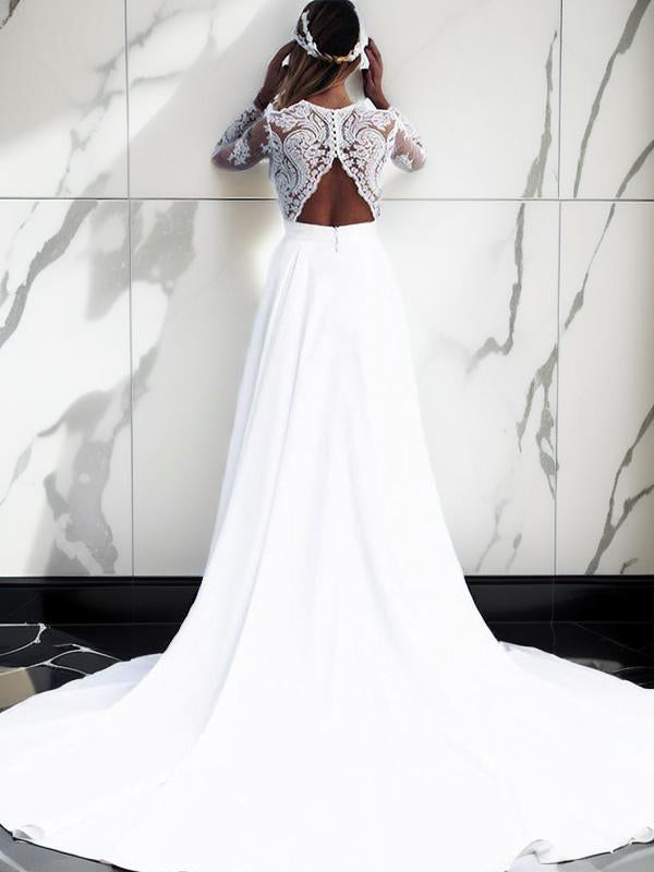 A-line V-neck Long Sleeves Lace Sweep Train Stretch Crepe Wedding Dress