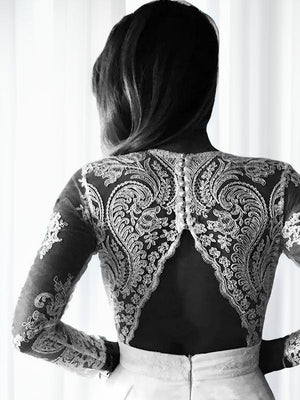 A-line V-neck Long Sleeves Lace Sweep Train Stretch Crepe Wedding Dress
