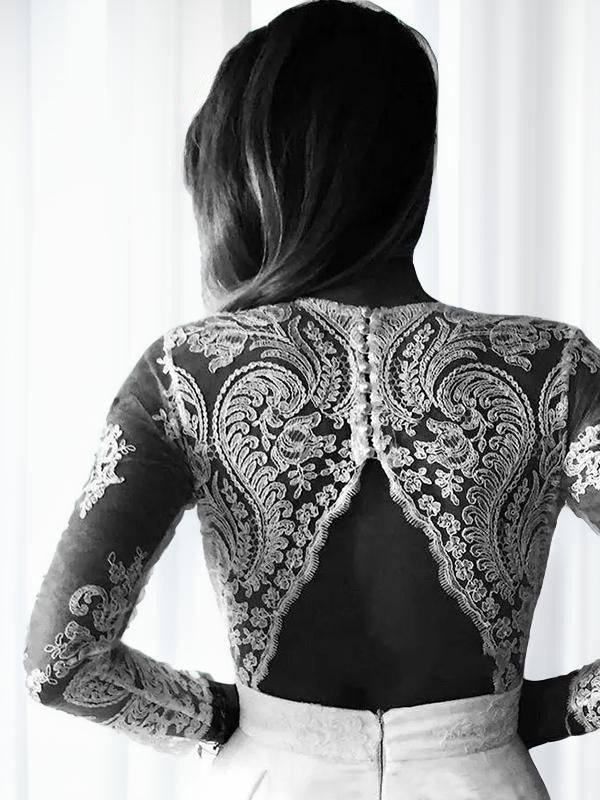 A-line V-neck Long Sleeves Lace Sweep Train Stretch Crepe Wedding Dress