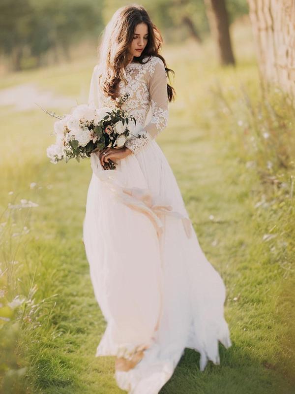 A-line V-neck Long Sleeves Applique Sweep Train Tulle Wedding Dress