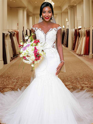 Mermaid V-neck Applique Sweep Train Tulle Wedding Dress