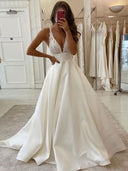 A-line V-neck Lace Chapel Train Satin Wedding Dress