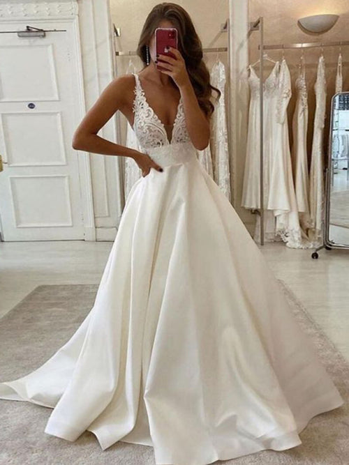 A-line V-neck Lace Chapel Train Satin Wedding Dress