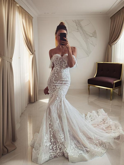 Mermaid Off-the-Shoulder Applique Sweep Train Tulle Wedding Dress