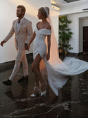 Sheath Off-the-Shoulder Pleated Chapel Train Stretch Crepe Wedding Dress