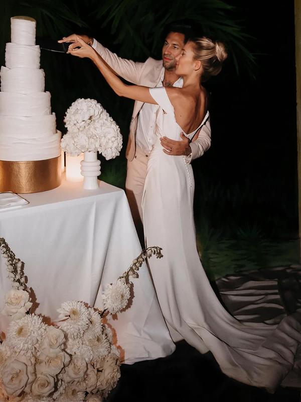Sheath Off-the-Shoulder Pleated Chapel Train Stretch Crepe Wedding Dress