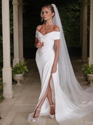 Sheath Off-the-Shoulder Pleated Chapel Train Stretch Crepe Wedding Dress